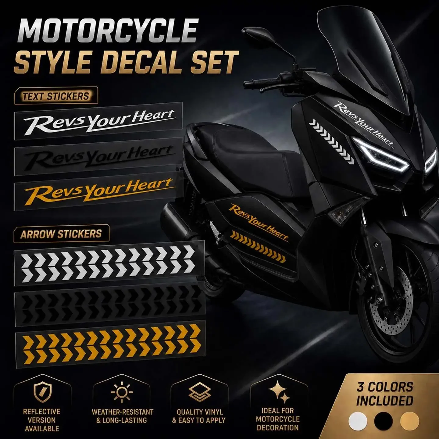 1Set Revs Your Heart Reflective Arrow Letter Vinyl Decal Waterproof for Motorcycle Fairing