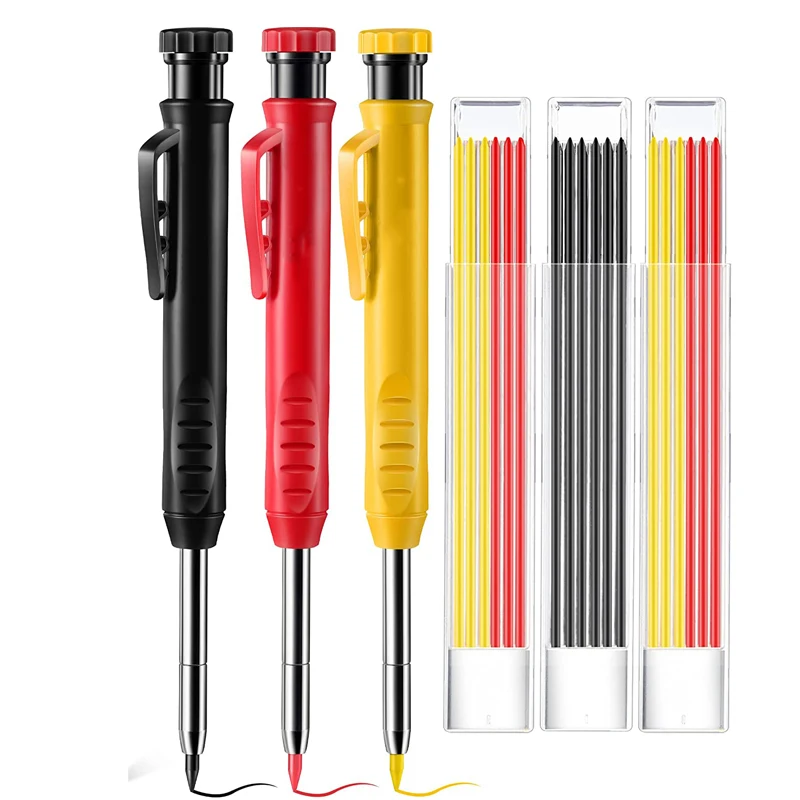 Solid Carpenter Pencil Set with 6 Refill Leads Built-in Sharpener Mechanical Pencil Marking Tool Kit for Woodworking Architect