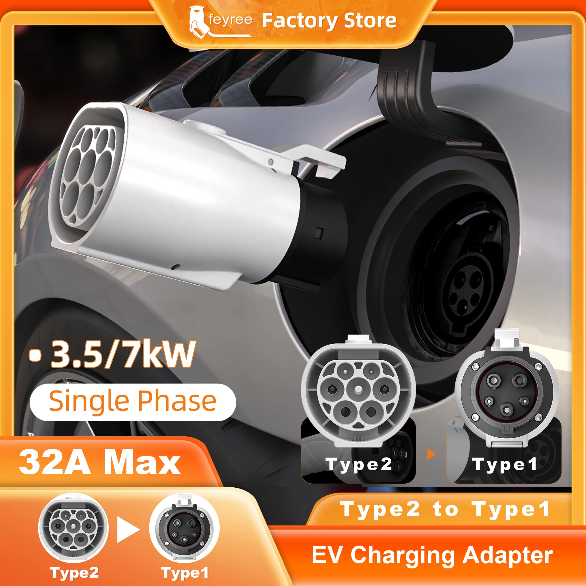 Feyree Adapter typu 2 do typu 1 IEC 62196-2 do J1772 Adapter ładowarki EV do ładowania pojazdów elektrycznych 16A 32A jednofazowy