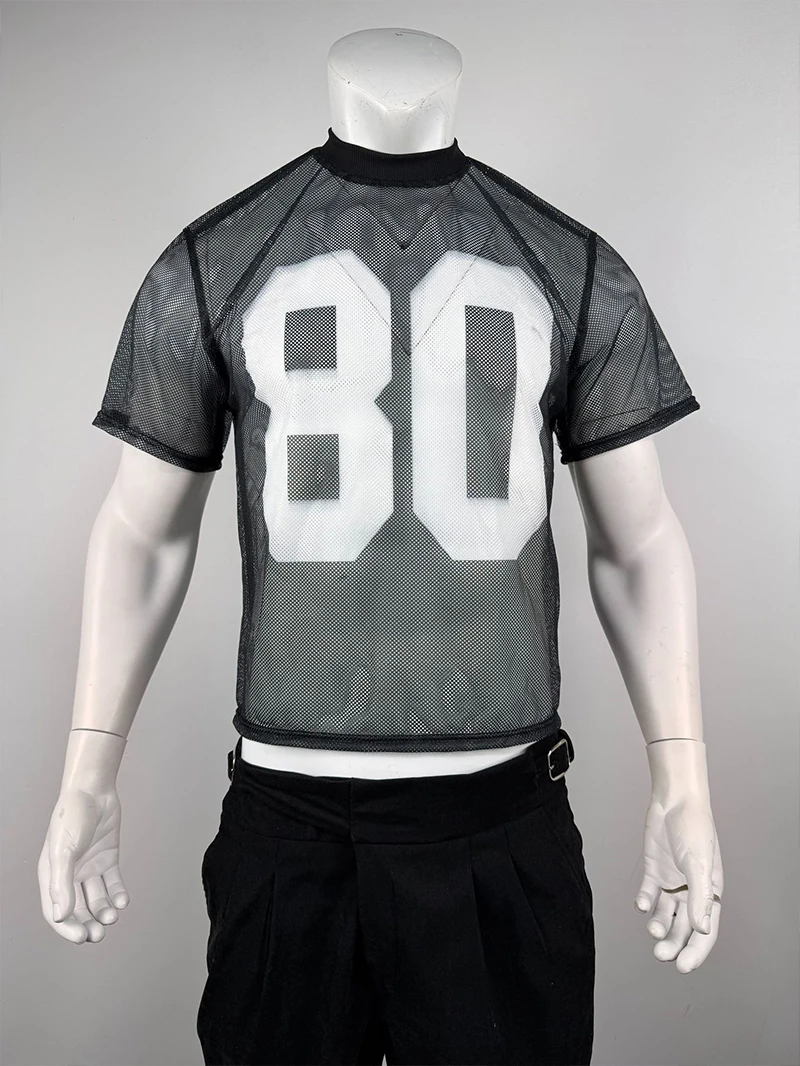 Herren 80 Nummer Bedrucktes Mesh T-Shirt Lässiges Kurzarm-Rundhals-Shirt Durchsichtiges Streetwear Übergroßes Fußball-Trikot-Stil Oberteil – Detail 12