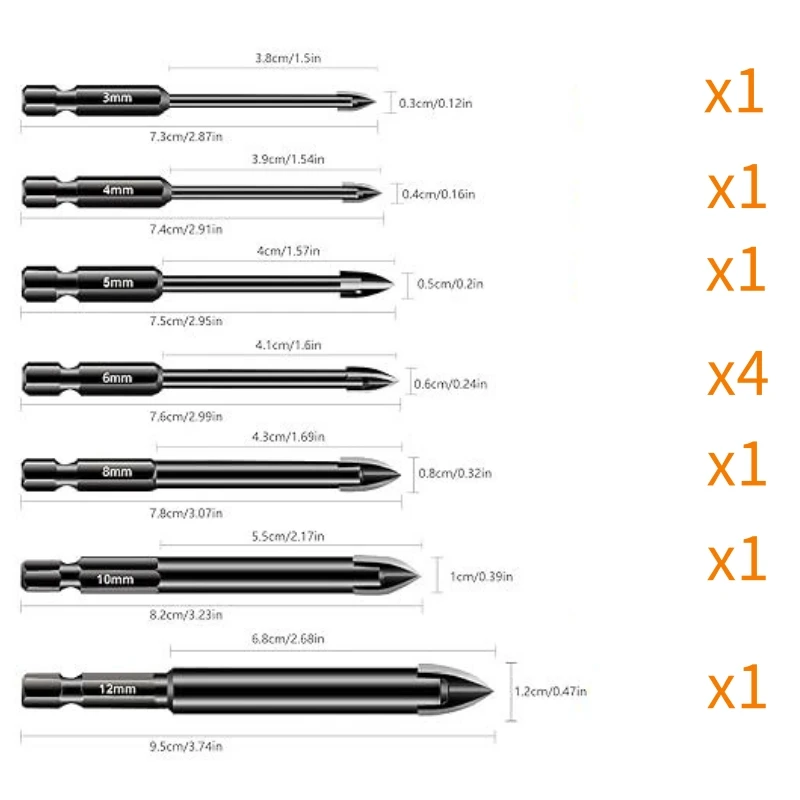 10 pezzi punta da trapano s 3-12mm Set di punte da trapano per piastrelle e vetro multiuso con gambo esagonale strumenti di perforazione in carburo di tungsteno