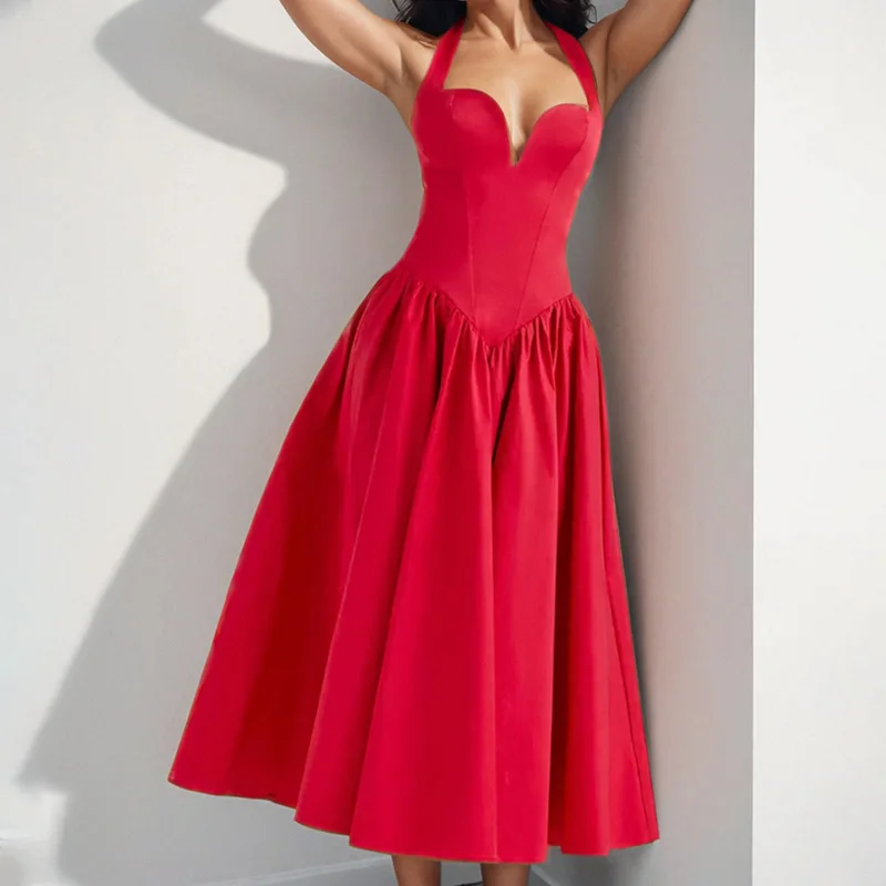 

TOY-2025Spring New Women's Fashion Sexy Elegant Pure Desire Style Halter Neck Backless Flared Dress