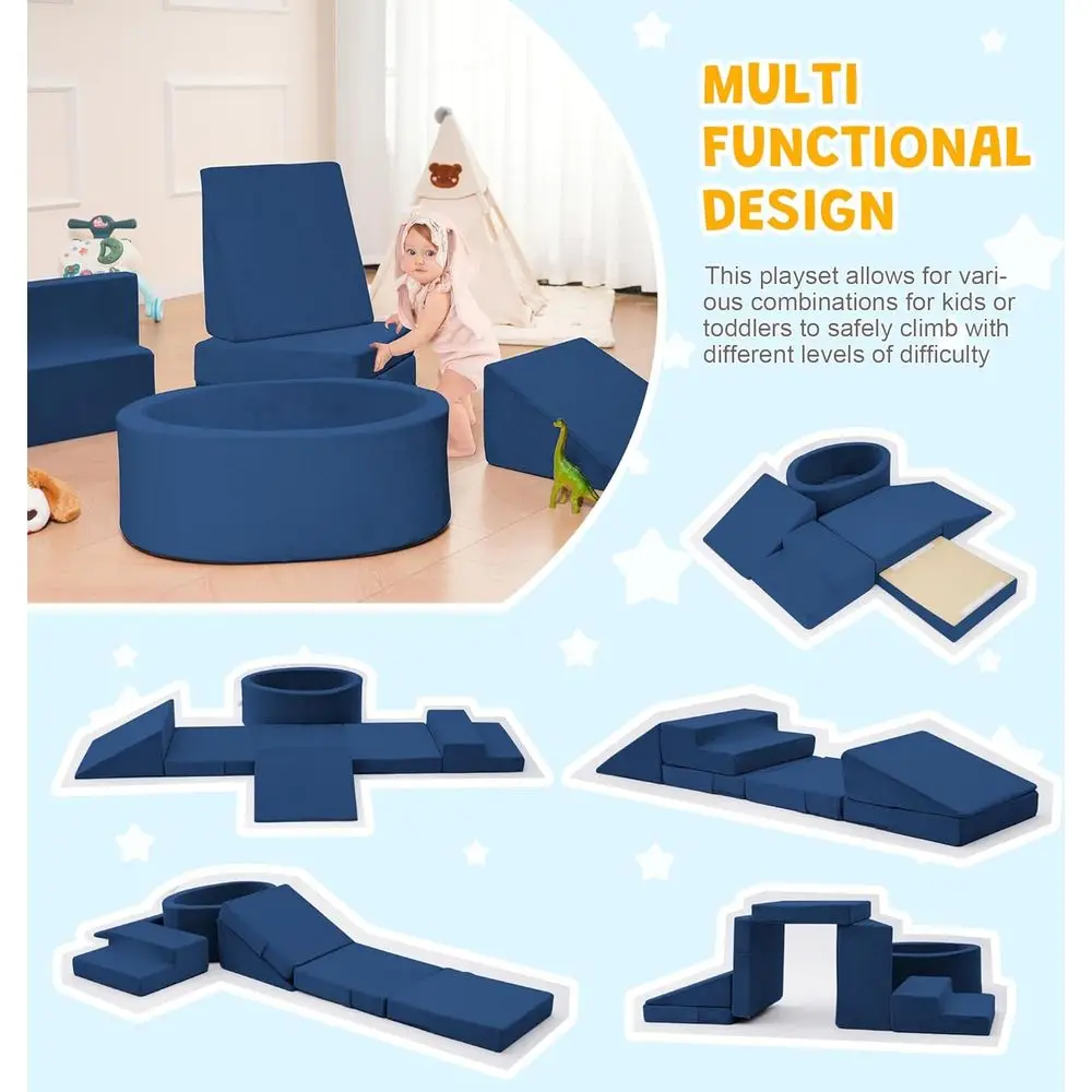 Toddler Soft Foam Climbing Blocks with Ball Pit and Stairs, Navy - Indoor Playset for Babies Aged 1-3