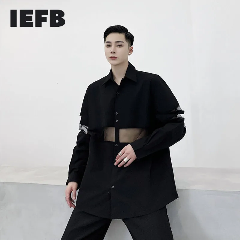 IEFB /men\'s wear transparent mesh stitching design black whtie large size shirt fashion loose Autumn new tops for male 9Y3405