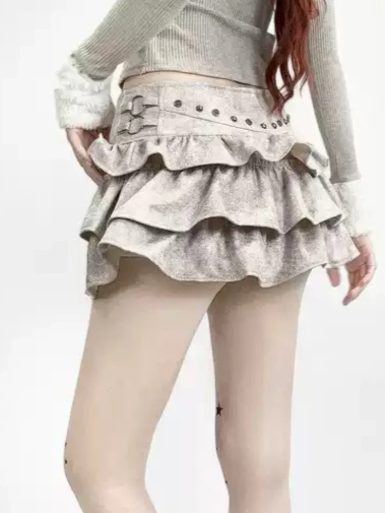 الموضة الفرنسية Y2K خمر الجلد المدبوغ رصع تنورة صغيرة المرأة الخريف الشتاء الرجعية الجرونج نفخة كعكة تنورة تصميم تحسس تنورة قصيرة #5
