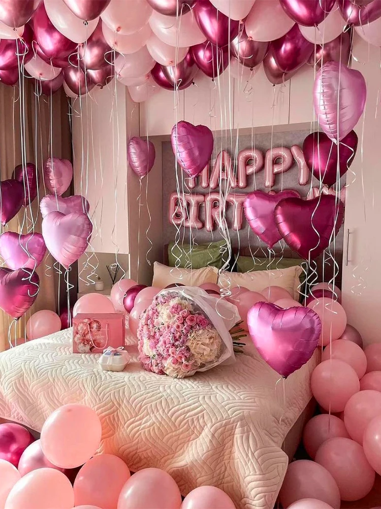 49pcs 16 inch Pink Happy Birthday Letter Love Aluminum Film Balloon Set Suitable for Birthday Party Baby Shower Decoration