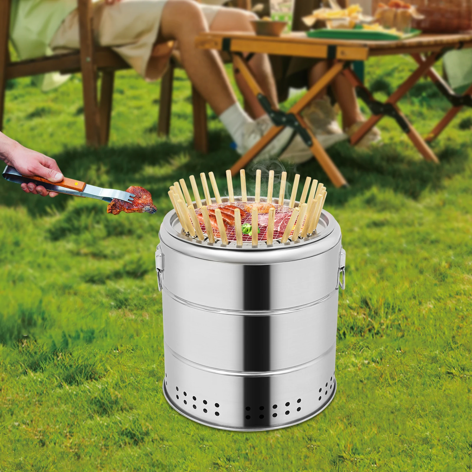 

Modern Portable Smokeless Barbecue Charcoal Barrel Grill Stainless Steel Surround Charcoal Kebab Grill