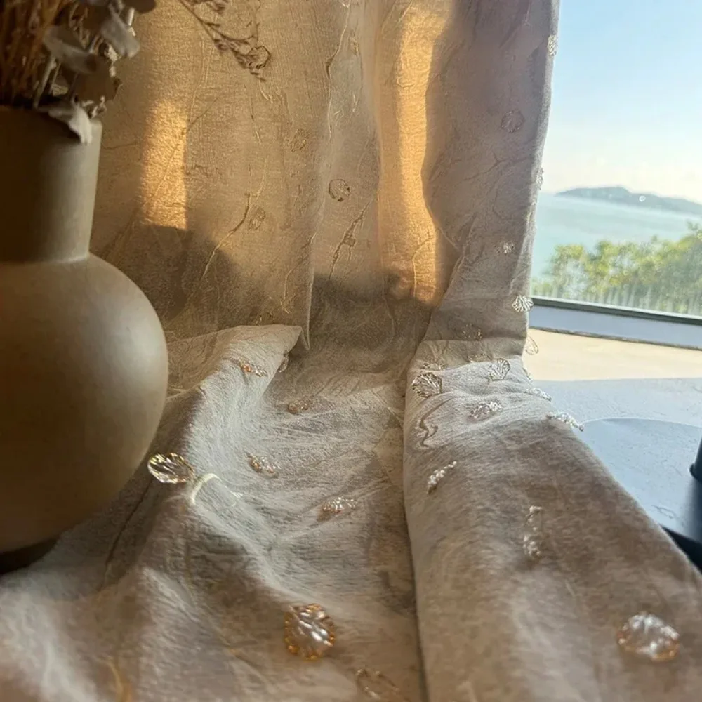 Customized Crystal Shell Decoration Embossed Three-dimensional Jacquard Chenille Curtains For Living Room Bedroom French Window