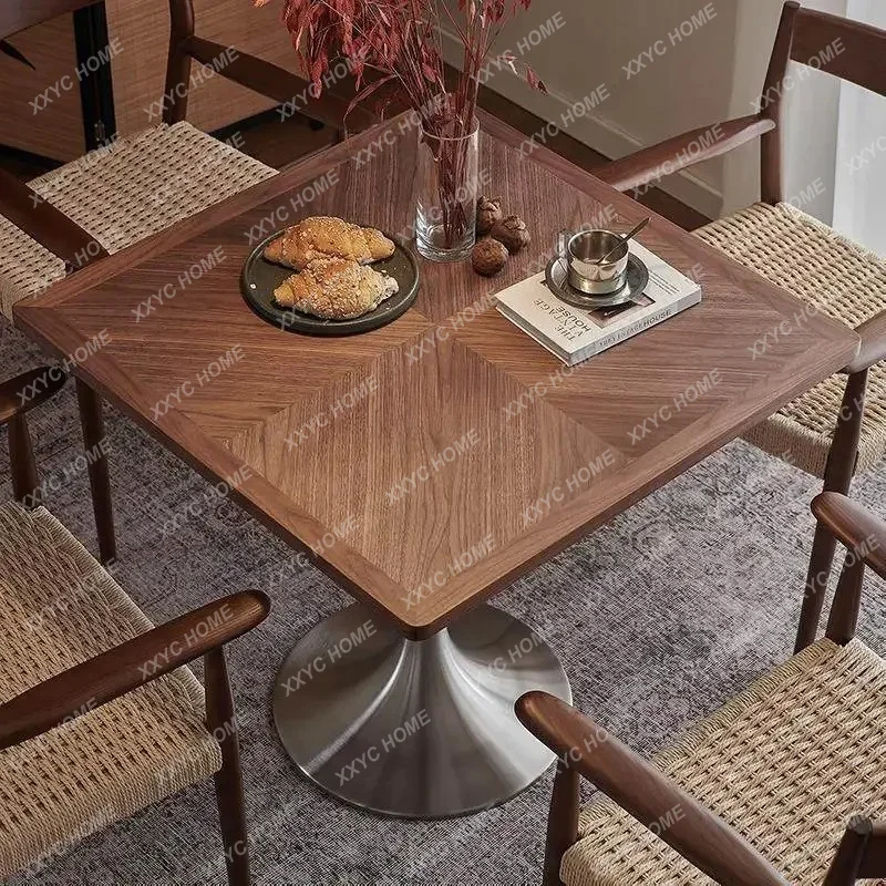 

LSolid wood dining table square negotiation coffee table restaurant hotel stainless steel square table