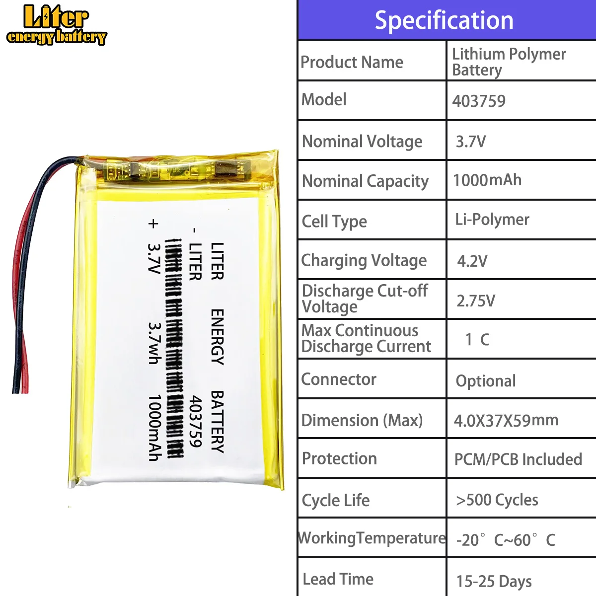 403759 3.7V 1000MAH 383759 Lithium Polymer Li-Po li ion Rechargeable Battery cells For Mp3 MP4 MP5 GPS mobile bluetooth