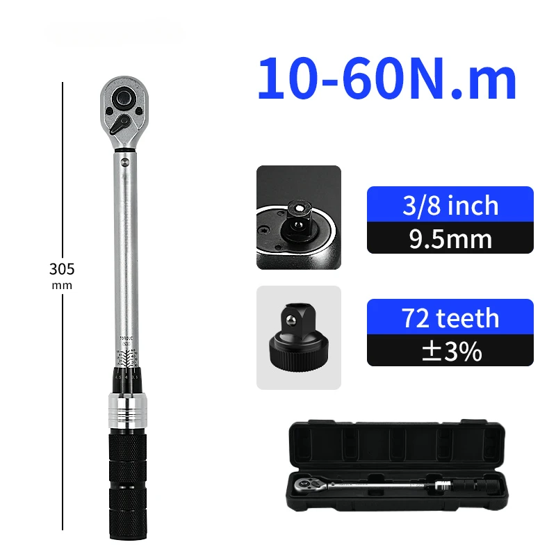 

10-60N.m 3/8 Drive Torque Wrench 72 Teeth Two-way Ratchet head Bike Motorbike Car Repair Hand Tools