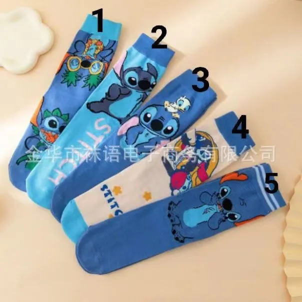 Disney Stitch Blue Cartoon New Socks Cute Four Seasons Men's and Women's Cotton Boat Socks Breathable Couple Short Tube Trend