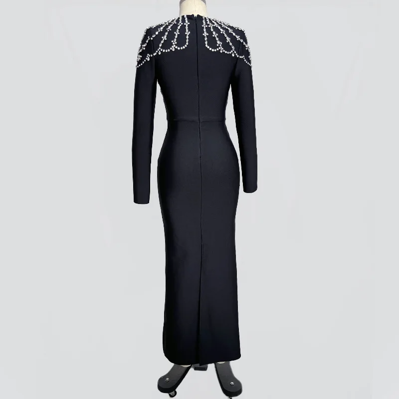 2025 Donne Celebrity Sexy Manica lunga Colletto quadrato Diamanti Mini abito dalla fasciatura nero Elegante abito da sera per club party