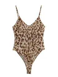 XNWMNZ 2024 Women's Fashion Leopard Print Bodysuit Women High Street V-neck Thin Straps Slim Fit Versatile Female bodysuit