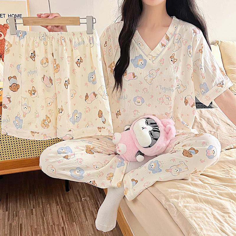

V Neck Three Piece Pajamas Set Summer Short Sleeve Women Sleepwear Suit Cloud Cotton Nightwear Cartoon Sweet Thin Pyjama Female
