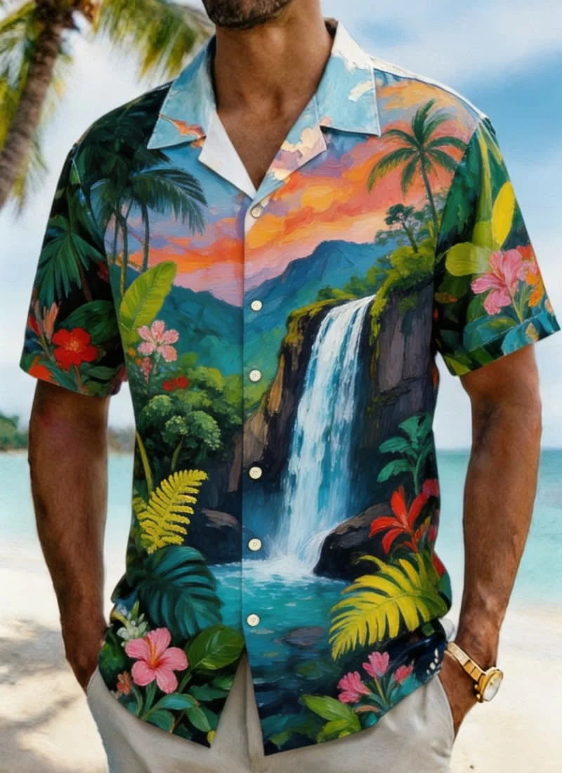 

Men's oil painting style tropical landscape printed shirt, suitable for summer vacation, beach travel, and casual wear