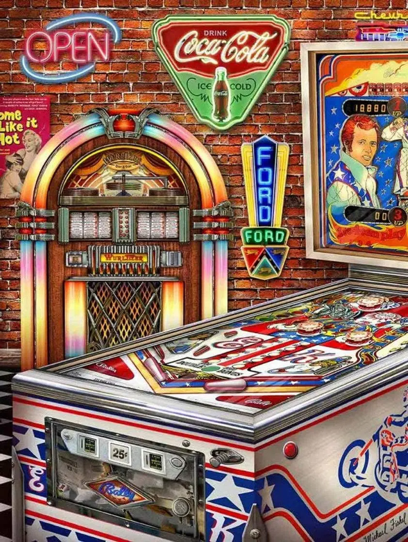 Klasyczne Pinball w Retro Man Cave z Jukebox i neony, znaki sztuki klasyczny wygląd reprodukcji metalowe znak blaszany 8X12 cali