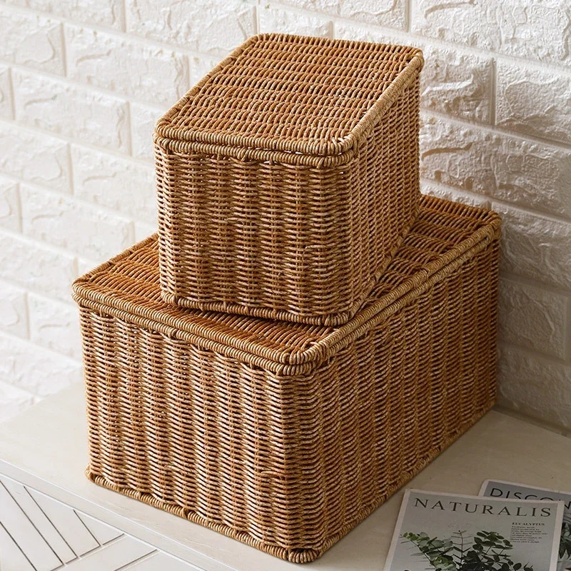 Panier à Magazines En Osier Tissé Main Avec Couvercle - Boîte Rangement Étroit Pour Maison Et Bureau (Taille S)