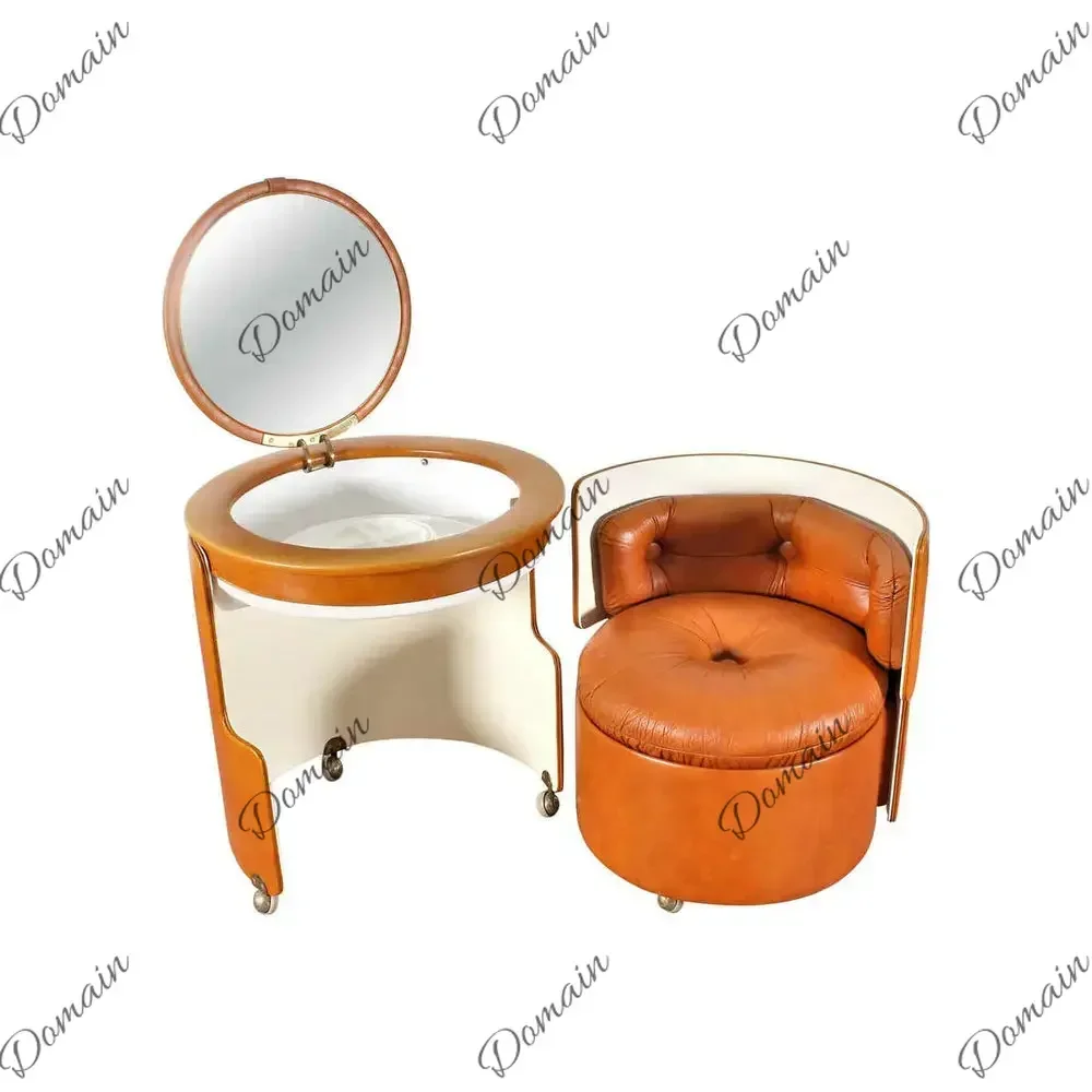 9A #MidCentury Dilly Dally Vanity Dressing Table And Stool Circle Leather Wood Makeup Vanity With Mirror Designer Chest Of Draw