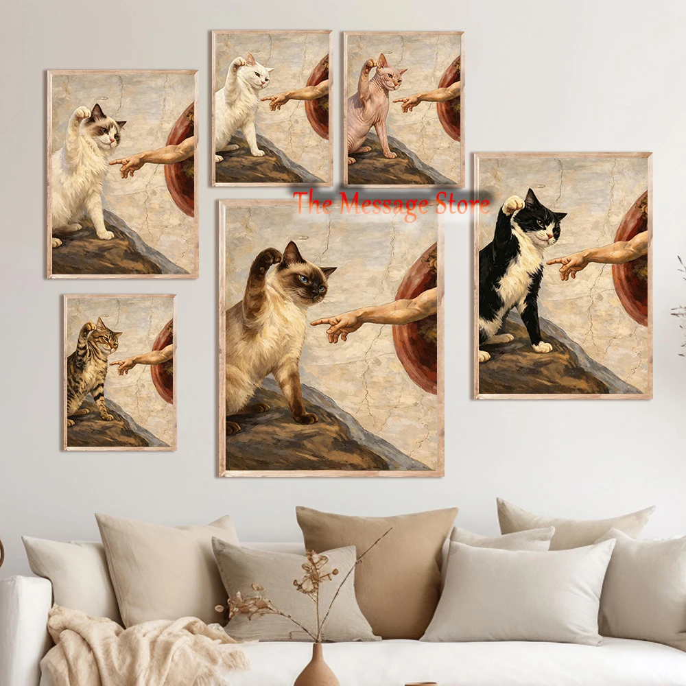 Vintage Classic Painting Gods Hand with Cats Ragdoll Siamese Cow Cat Whimsical Poster Canvas Painting Wall Pictures Home Decor