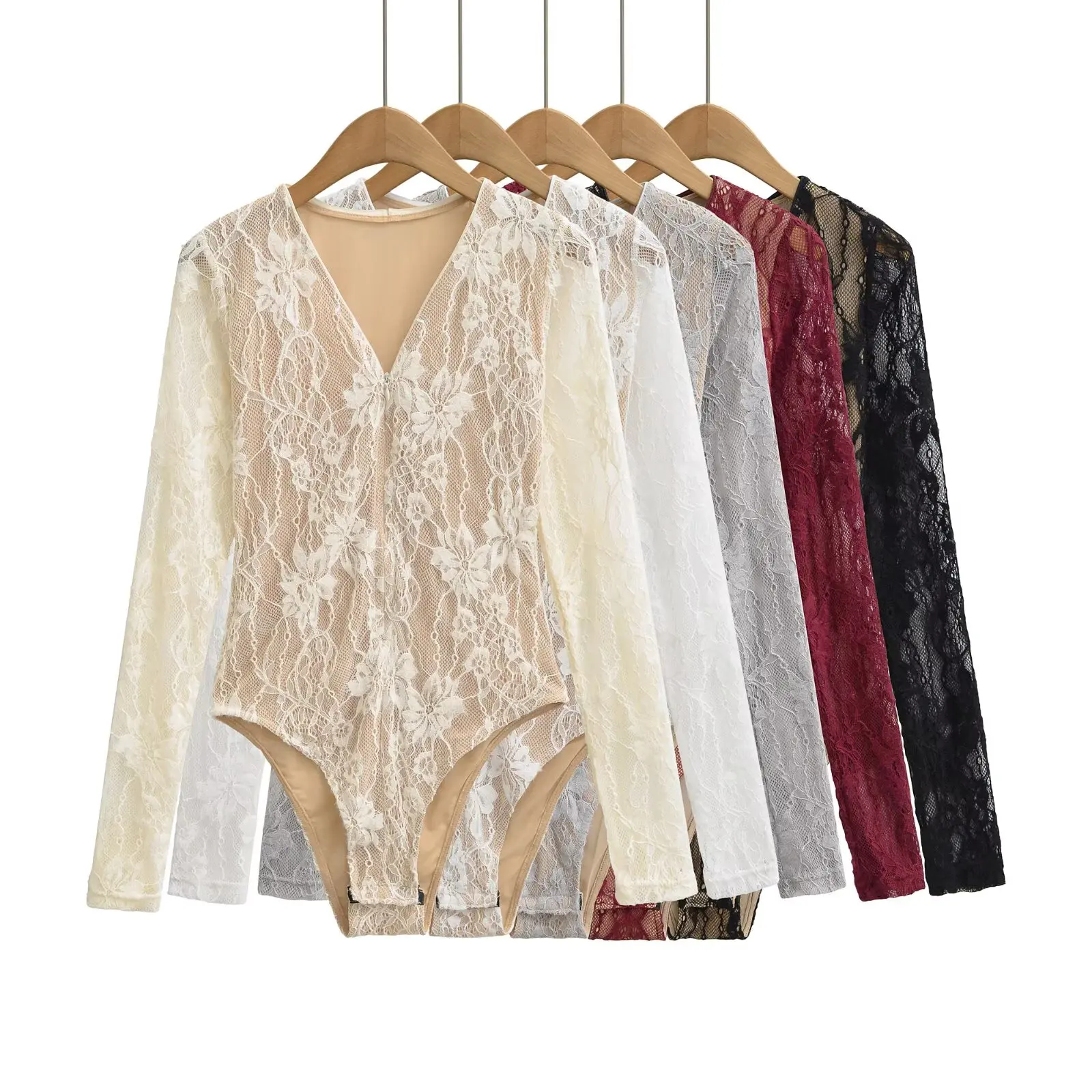 

Сексуальное кружевное белье с длинными рукавами, тонкое, с V-образным вырезом, для женщин, зимняя коллекция