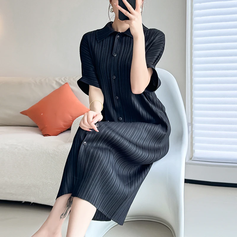 Fashion Miyake Pleated Women Single Breasted Shirt Dress 2024 New Summer Oversize Lapel Half Sleeve Loose Stretch Purple Dresses