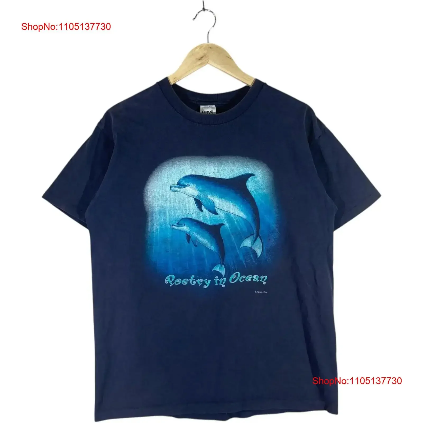 Camiseta Vintage de poesía en el océano con delfines, ropa de diseñador lavada vintage azul grande, moda gráfica, ligeramente informal, suave para hombre