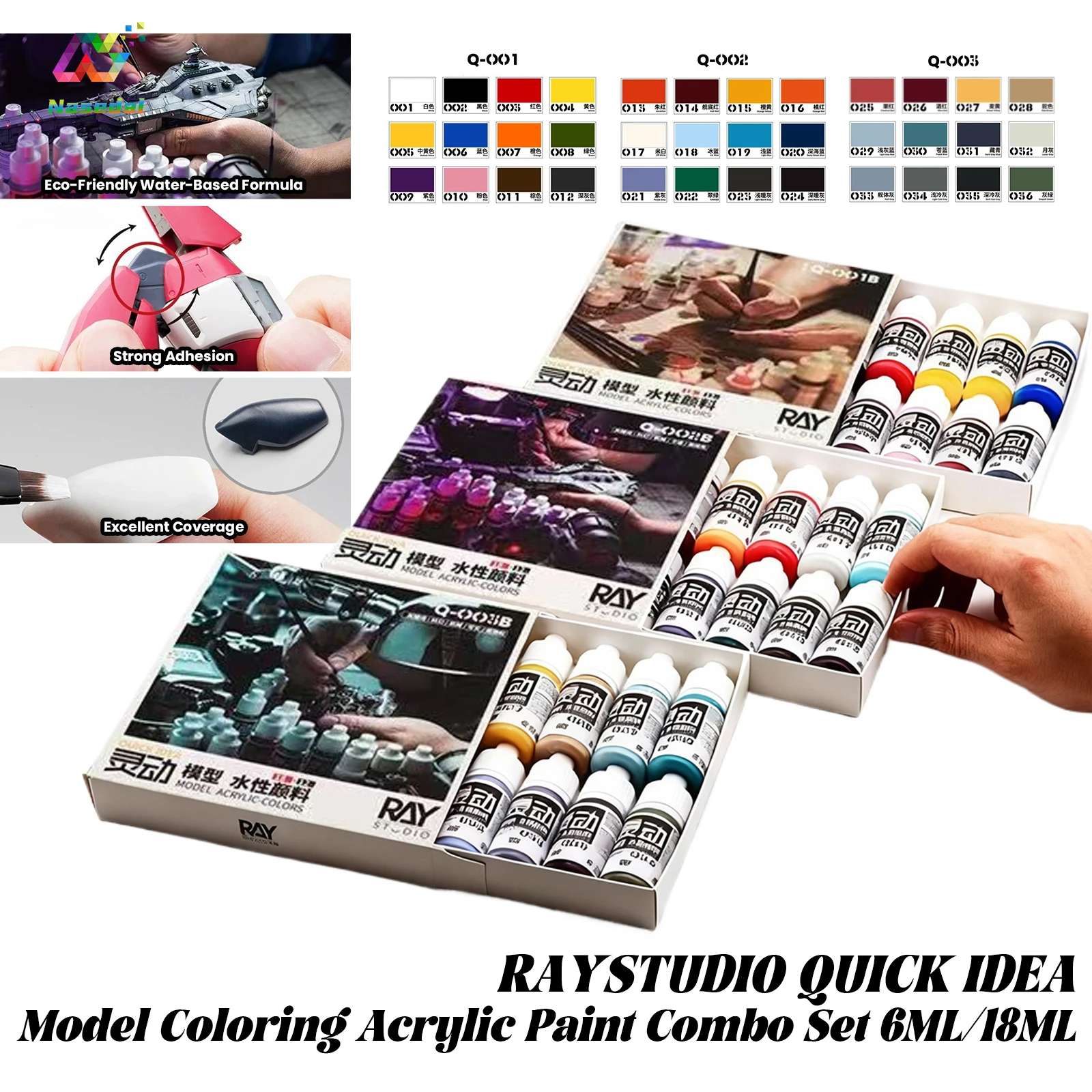 RAYSTUDIO 6ML/18ML Model Coloring Acrylic Eco-Friendly Paint 12-Bottle Set for Gundam Model Hand Painting Pigment Tool Hobby DIY