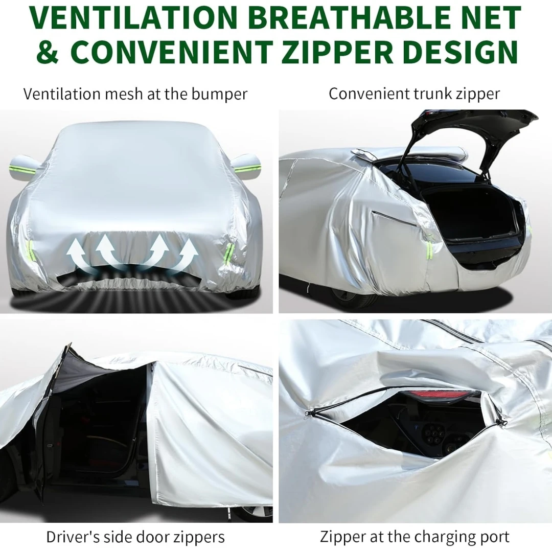 Car Cover For Tesla Model Y Car Cover Waterproof All Weather with Ventilated Mesh Charge Port Opening Zipper Door Trunk Opening