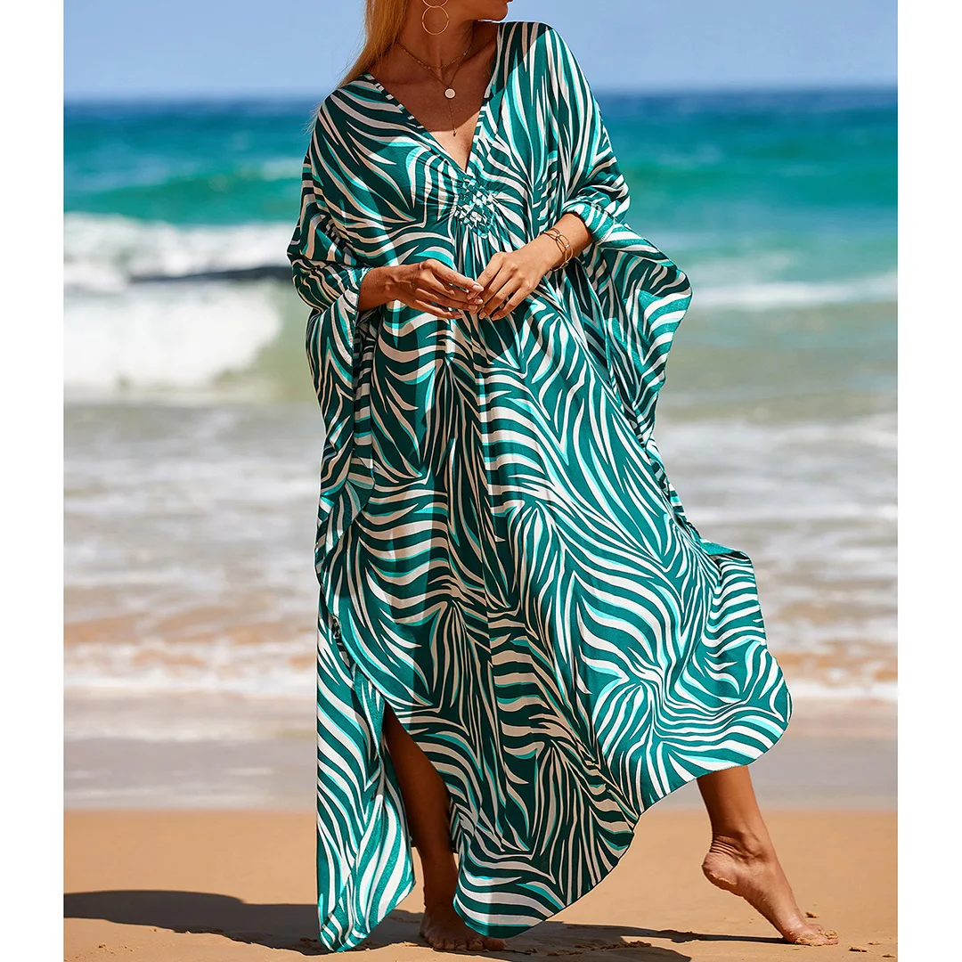 Sexy Tunika mit Zebra-Muster und V-Ausschnitt, Strandkleid, Strandmode, langes Strandkleid für Damen, V4159 – Detail 29