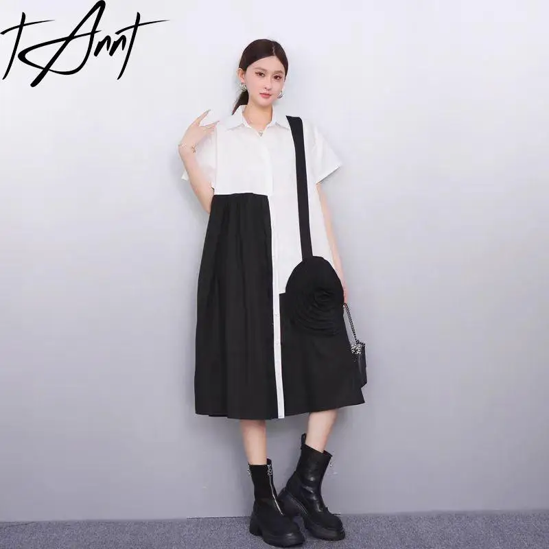 Tannt Vrouwen Jurk Asymmetrie Bloem Patchwork Zwart Wit Kleur Bijpassende Shirt Jurken 2025, Nieuwe Mode Casual Lange Jurken