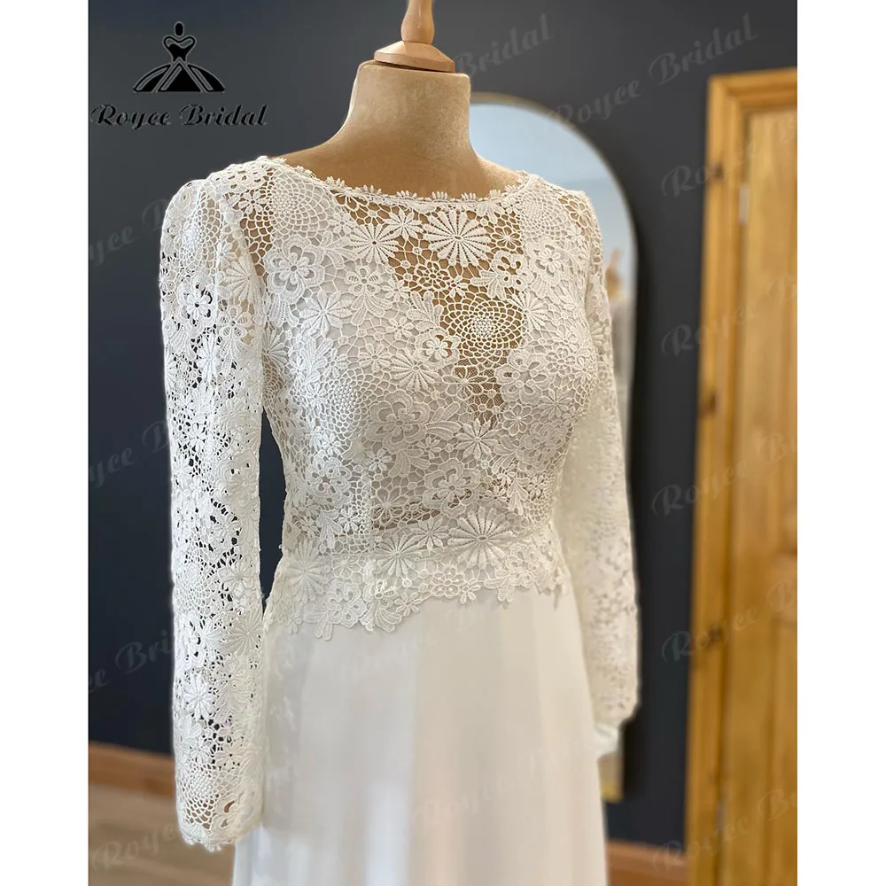 Roycebridal-Robe de mariée bohème à manches longues pour femmes, robe de mariée bohème, corsage en dentelle, patients civils éducatifs, 2024