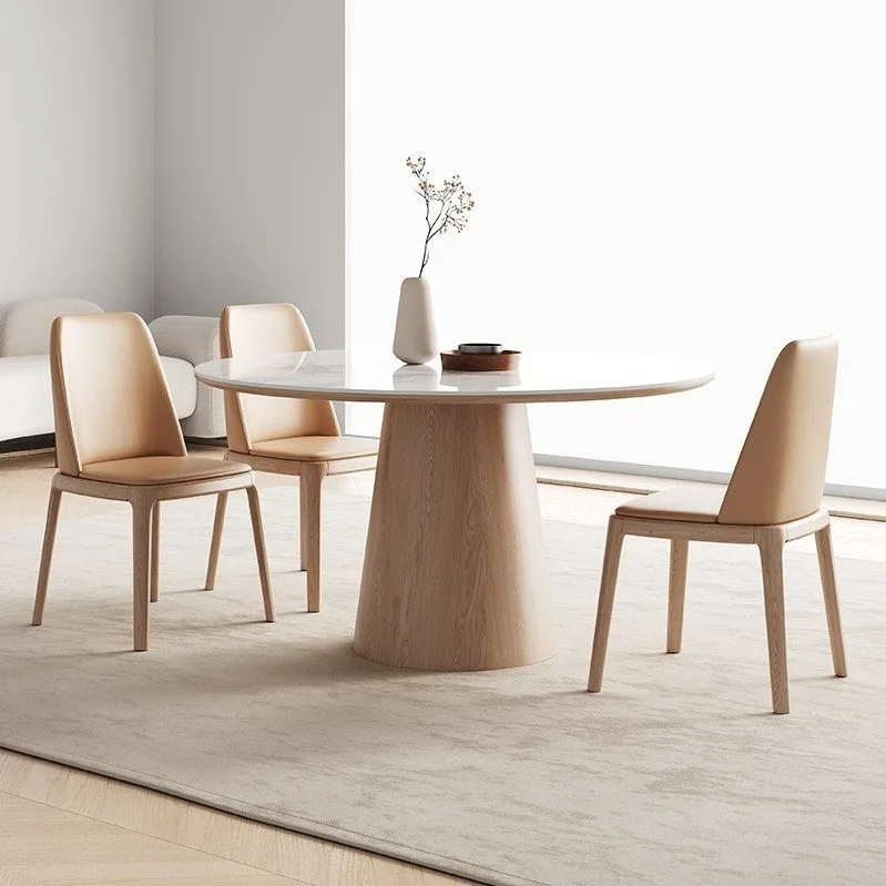 HYS solid wood round dining table and chair combination modern simple home dining table embedded with turntable rock slab large