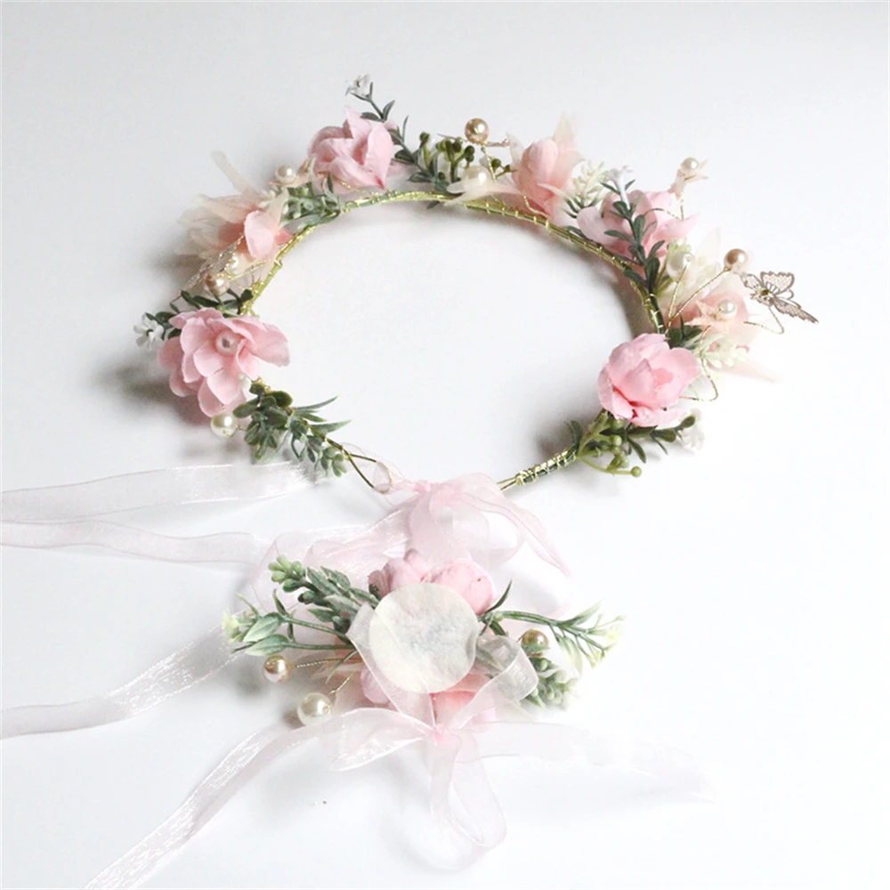 2Pcs Women\'s Garland Pink Pearl Butterfly Wristband Bohemian Bride Headwear Children\'s Performance Princess Flower Wreath Crown
