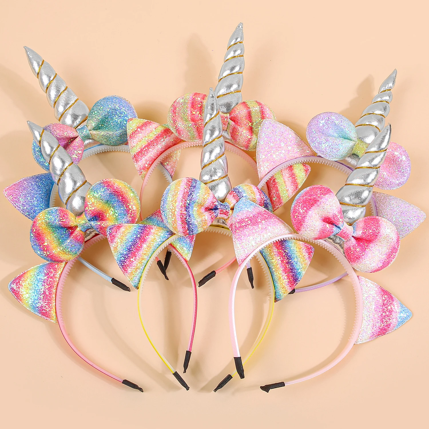 2/6pcs Gradient Sparkling Pink Cat Ear Bow Unicorn Headband For Girls Party Plastic Teeth Headwear For Kids Hair Accessories