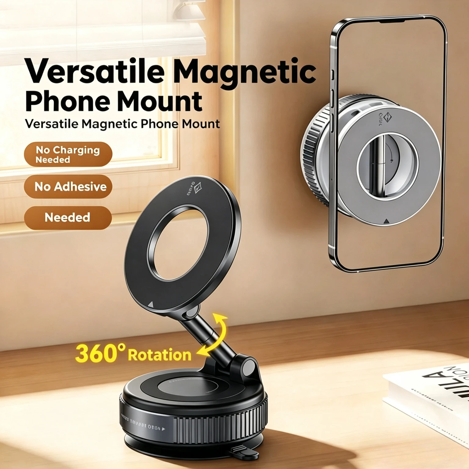 2026 New Magnetic Vacuum Suction Phone Holder, Foldable 360° Rotation Desktop & Car Phone Mount, Compatible with MagSafe, Portable Vlog Video Selfie Stand for Home & Travel