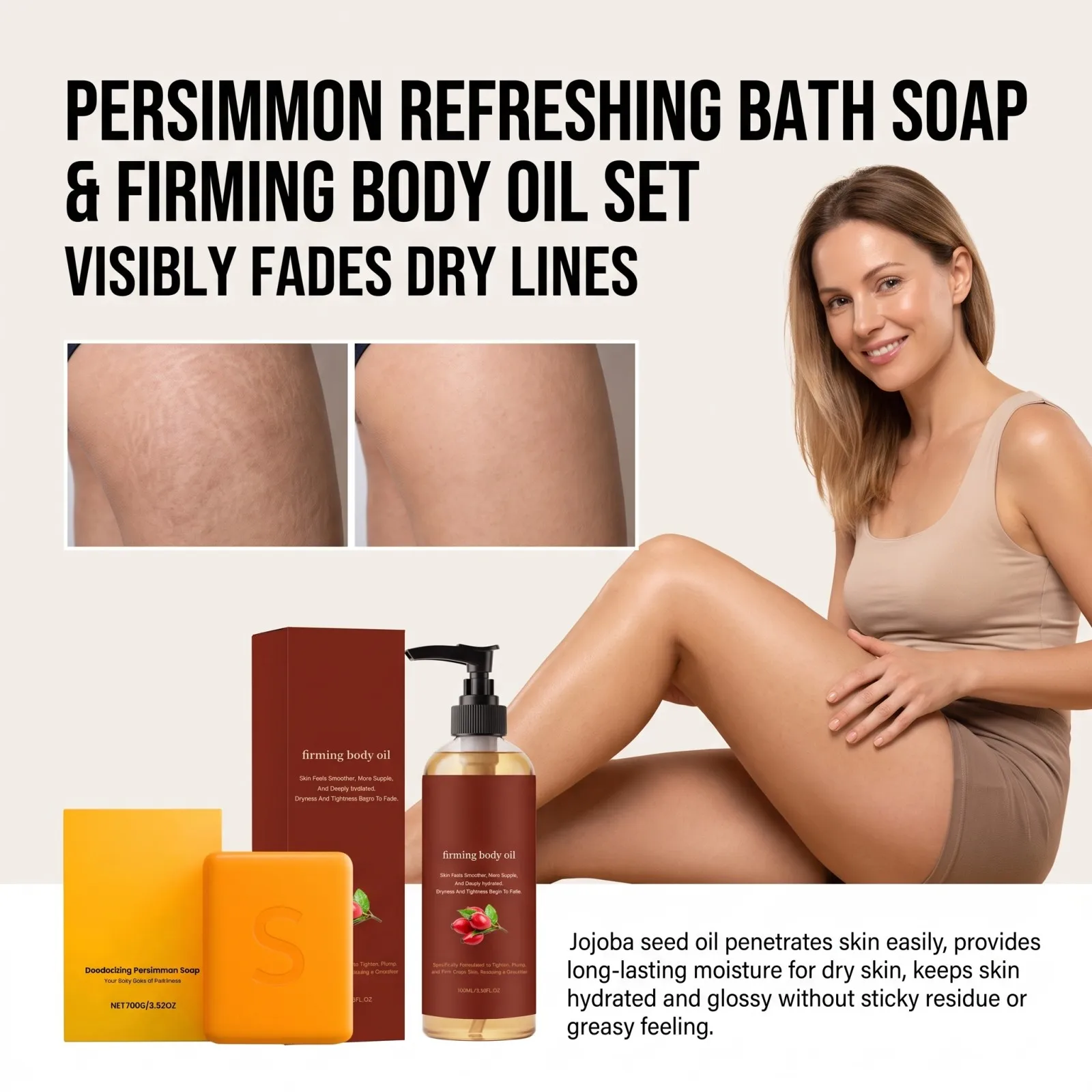 Persimmon Bath Soap & Firming Body Oil Set Gentle Deep Clean Deodorizing Hydrating Rich Foam Texture No Tightness Firming Oil