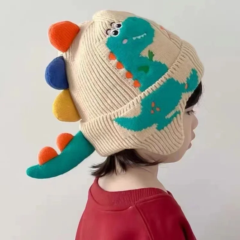 Outono e inverno novas crianças bonito dinossauro quente gorro chapéu menino meninas dos desenhos animados à prova de vento espessamento earmuffs chapéus