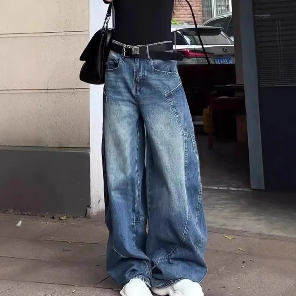 

Unisex Jeans 2025 New Plus Size Retro Street Vibe Jeans Solid Blue Curved Blade Loose Slim Fit Cargo Wide Leg Pants