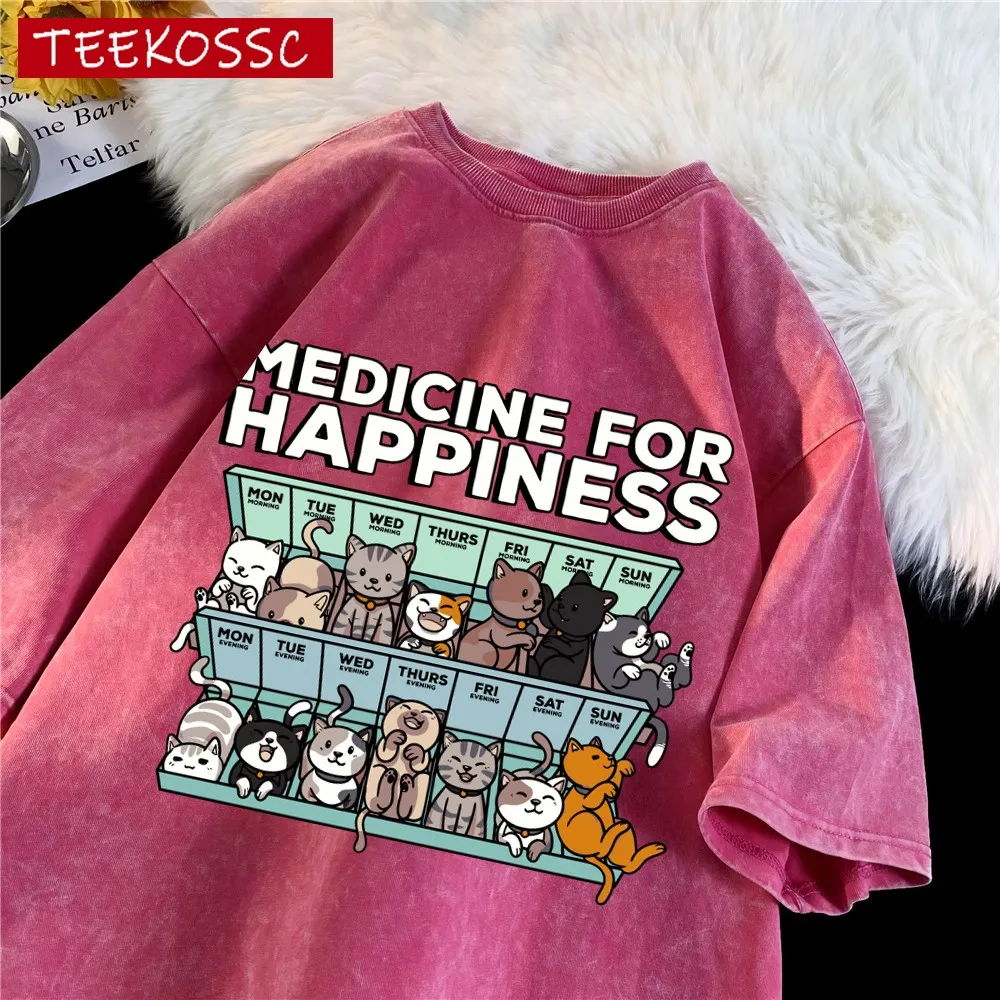 Meine Medizin für Glück namens Katzen jeden Tag Kätzchen Katze gewaschen Herren T-Shirt Baumwolle T-Shirts Retro Unisex T-Shirt lose weiche T-Shirt