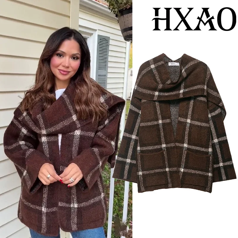 

HXAO Woman Knit Cardigans Coat Scarf Plaid Cardigan For Women Autumn Winter Oversized Knitting Outerwears Long Sleeve Knitwears