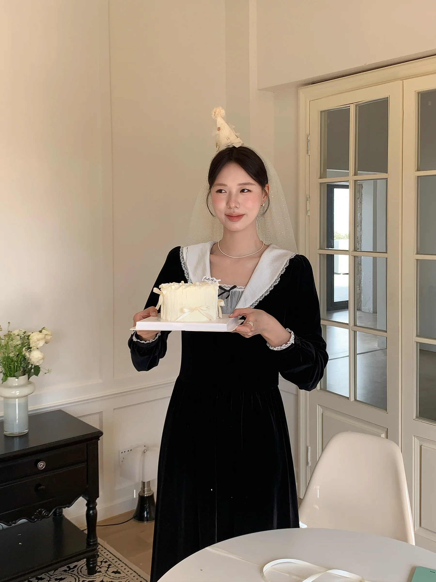 

Velvet Lace Trim Dr Women's French Sle Gathered Waist Long Sve A-Line Skirt Flip Collar Par Dr Polyester Fiber