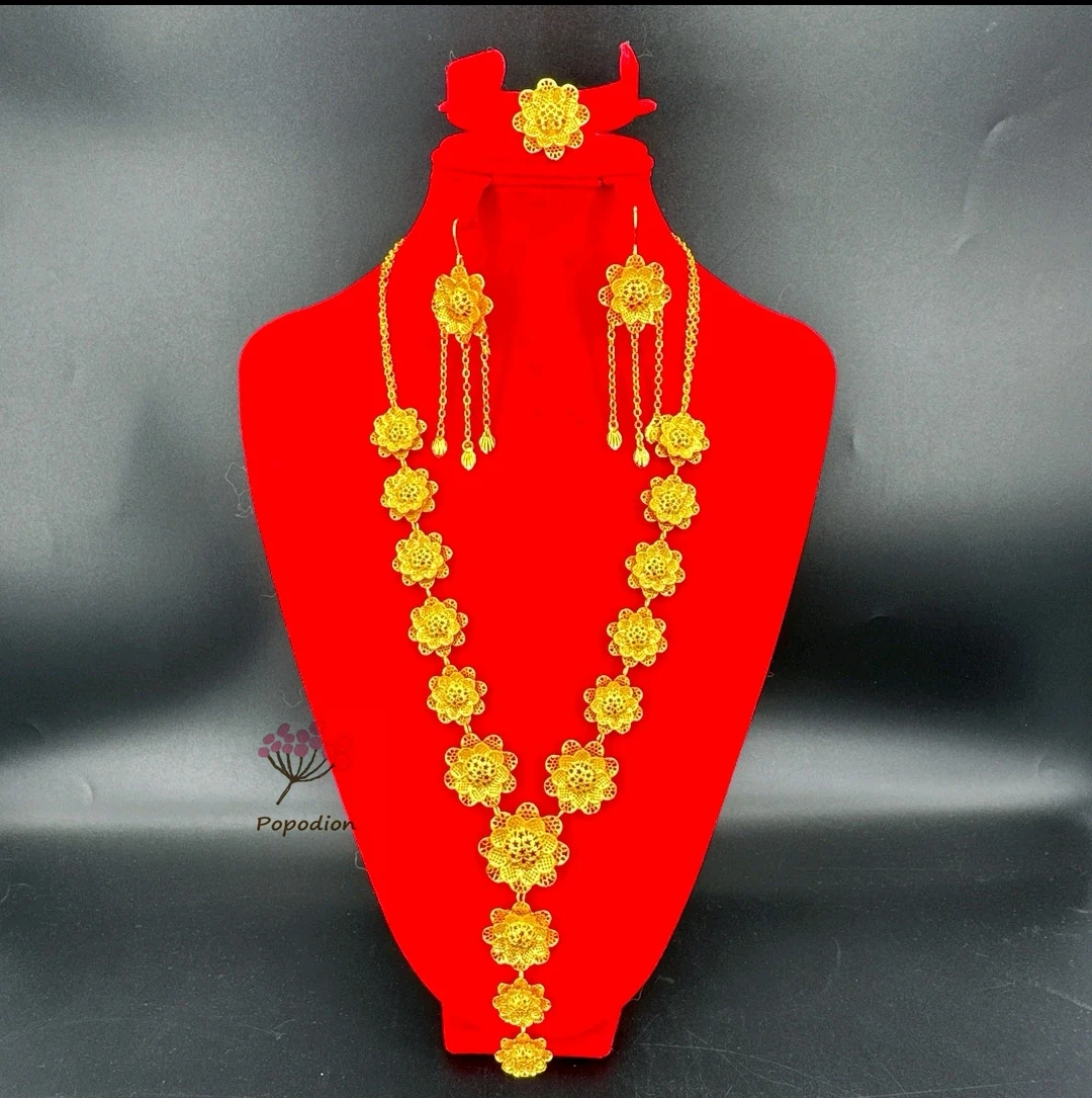 

New Dubai Gold Plated Necklace Earrings and Rings for Women's Wedding Party Jewelry Set DD10516