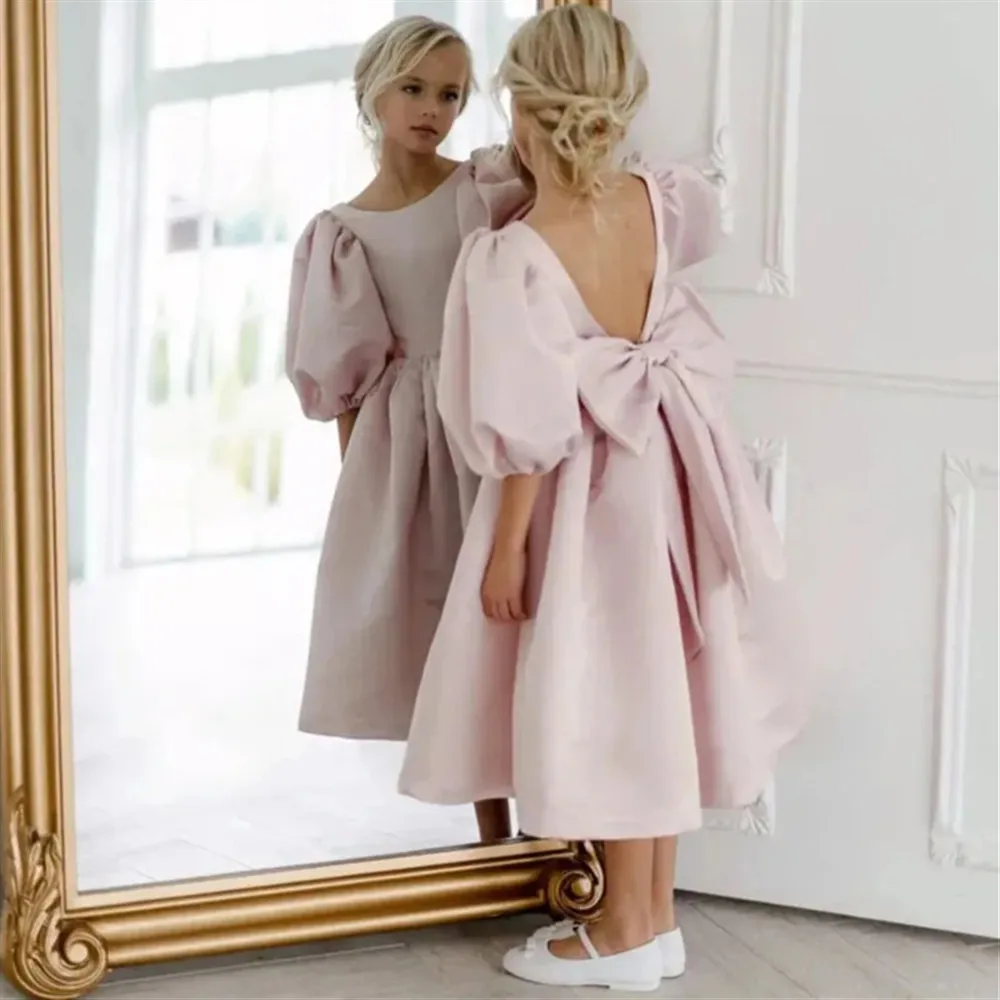 

Flower Girl Wedding Dress Pink Satin With Bow Half Sleeves Puffy Princess Birthday Party Pageant Banquet Holy Communion Gown