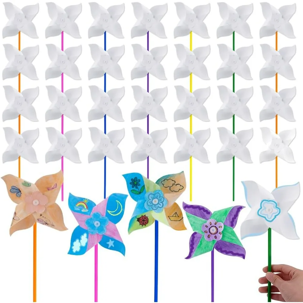 

100 Pcs DIY Pinwheels Paper Crafts Bulk Summer Pinwheel Craft Kit White Blank Paper Pinwheels for Home Fun Graffiti Art Craft