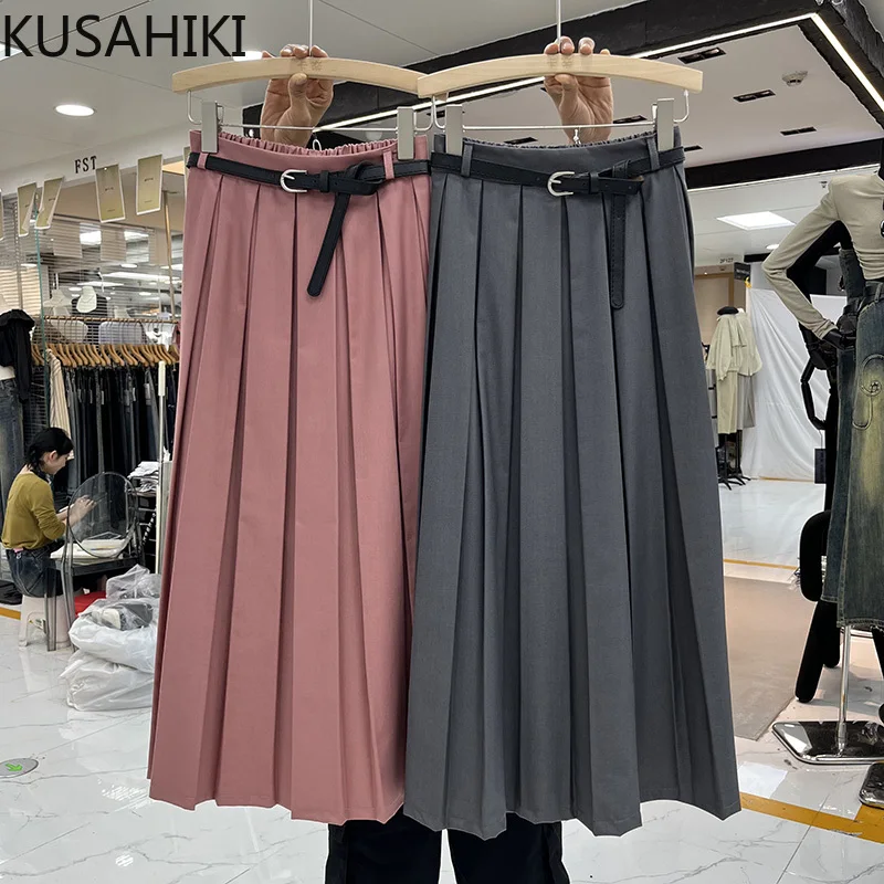 KUSAHIKI Korean Autumn 2023 College Style Pleated Skirt Fashion Elegant High Waisted with belt vausal Suit A-line Long Skirts