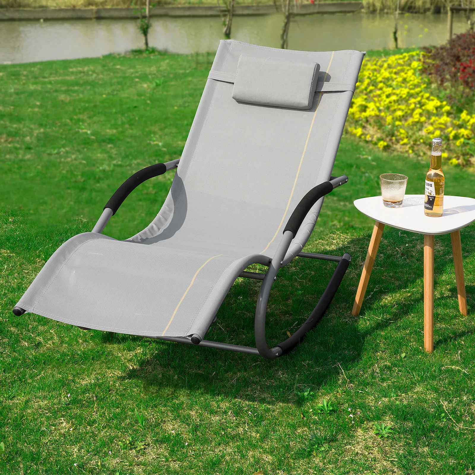 SoBuy OGS28 Sonnenliege Gartenliege wetterfest Liegestuhl Schaukelstuhl mit Kopfkissen Outdoor Terrasse Balkon Camping bis 150kg – Detail 40