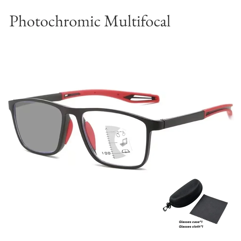 3-in-1 Photochrome Multifokale Lesebrille mit Blaulichtfilter + Kombination aus schwarzem Brillenetui und schwarzem Brillenputztuch