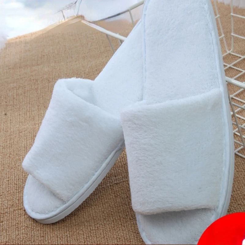 5Pairs/Lot Men Women Cheap Disposable Hotel Slippers White Coral Fleece Open Toe Home Cotton Slides Travel SPA Guest Slipper