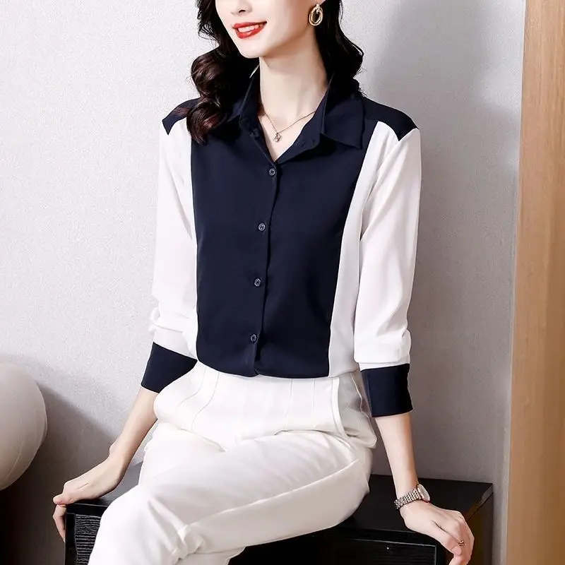 Contrast Patchwork Office Blouse Spring New Polo Neck Long Sleeve Chiffon Loose Casual Shirt Tops Elegant Fashion Women Clothing